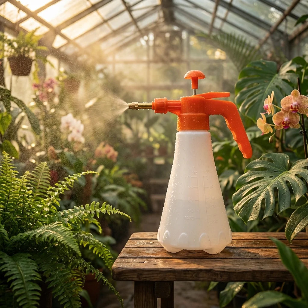 Pressure sprayer bottle with orange nozzle spraying in greenhouse, white bottle