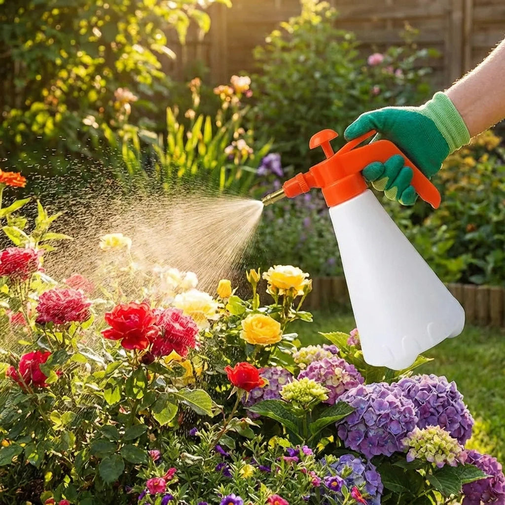 Gloved hand holding orange-trigger sprayer bottle watering flowers