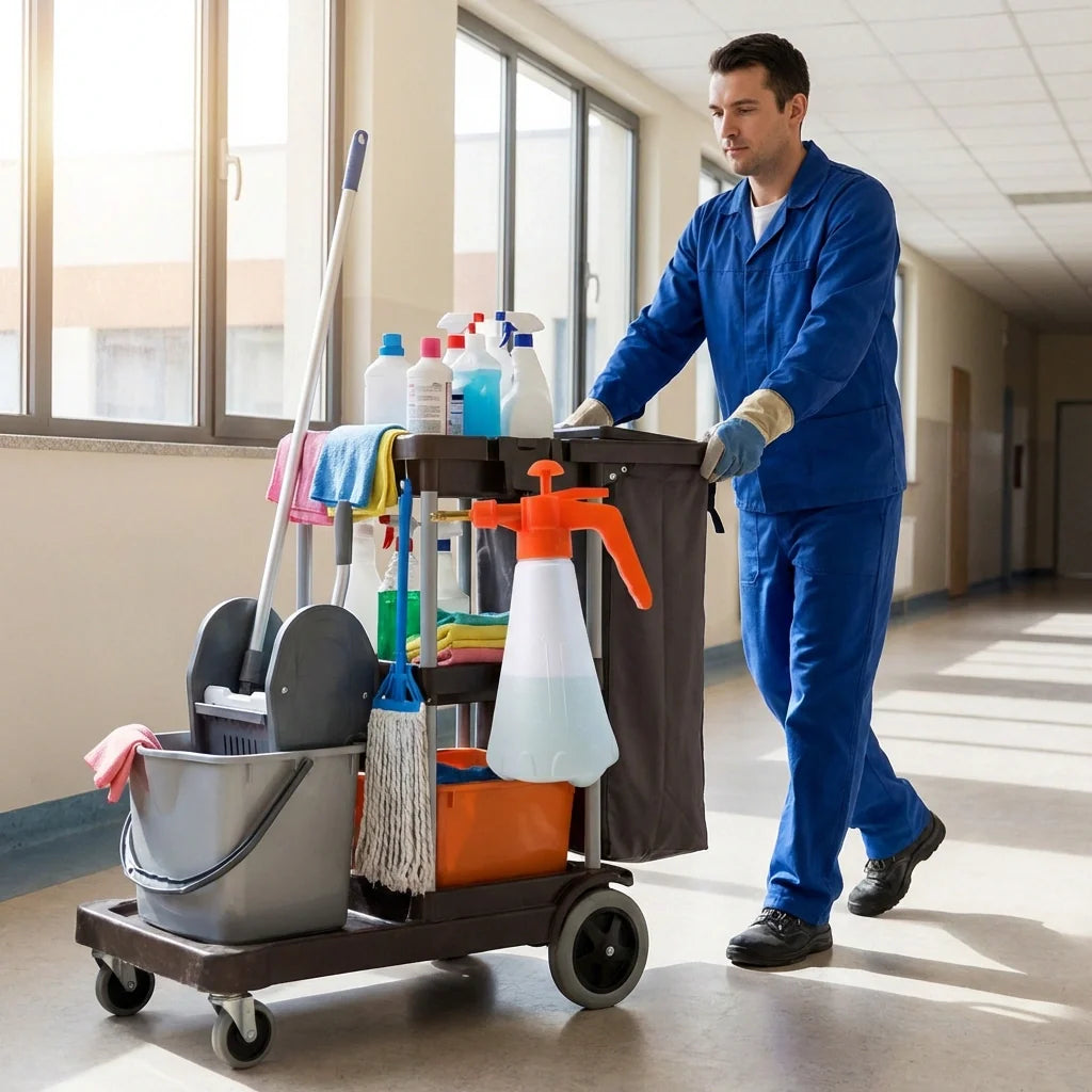 Pressure sprayer bottle on cleaning cart with orange trigger and white bottle