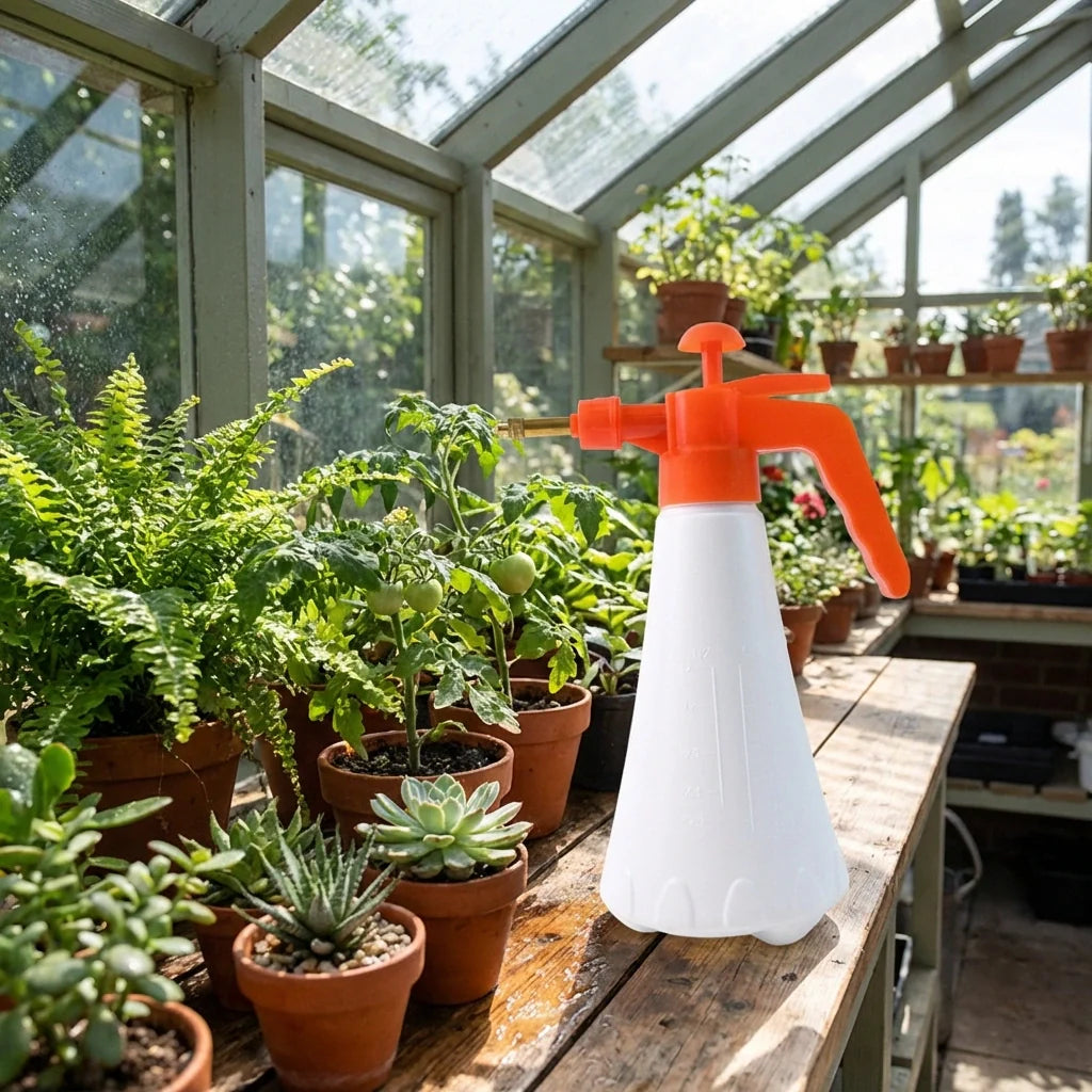 White pressure sprayer bottle with orange trigger spraying plants in a greenhouse