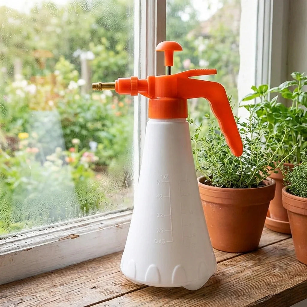 Pressure sprayer bottle on window ledge, orange nozzle spraying toward potted herbs