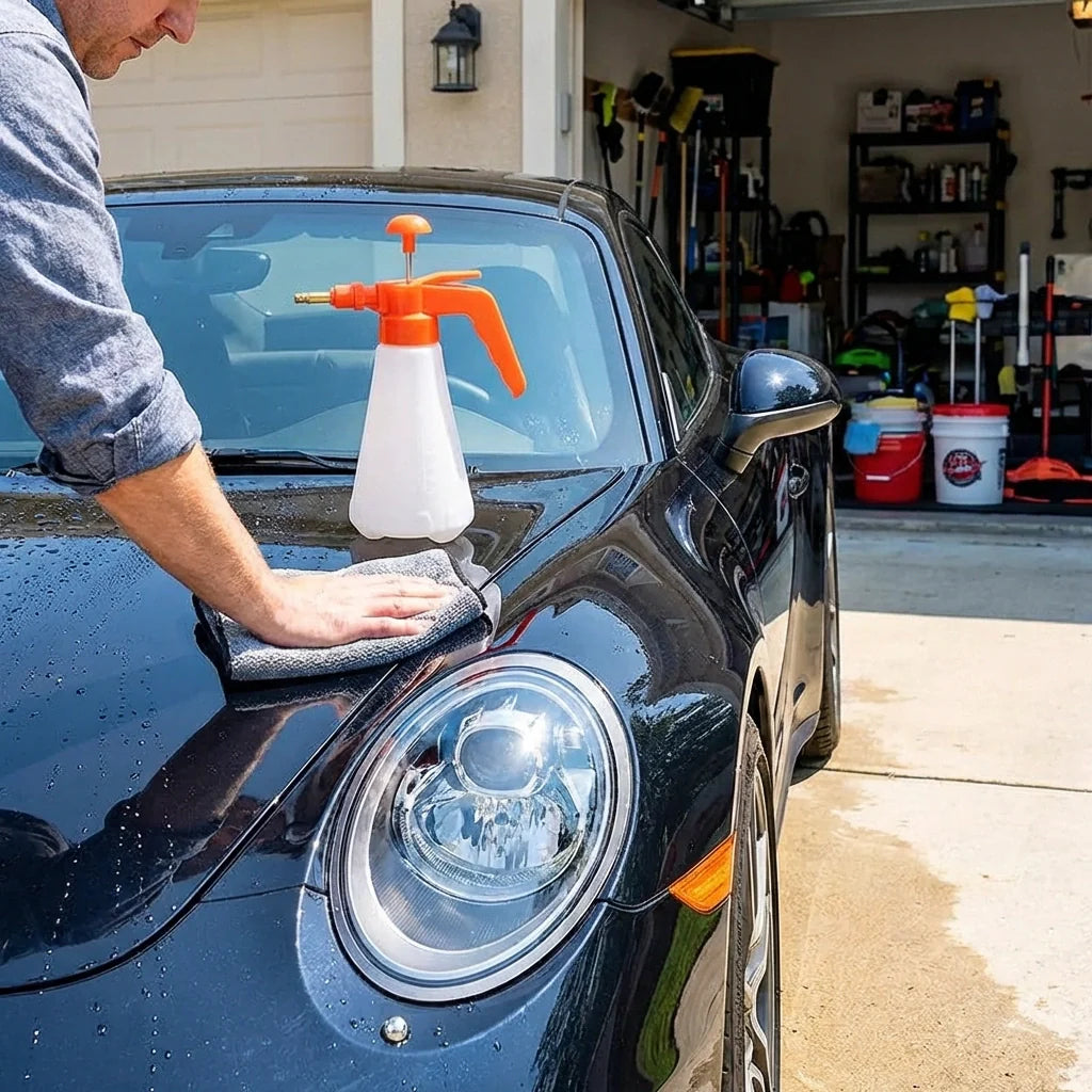 Pressure sprayer bottle spraying water onto a car hood from an orange nozzle