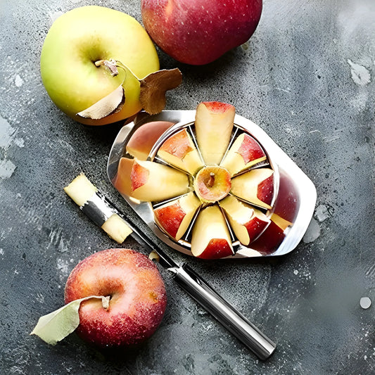 Apple slicer with blade, holding apple slices in a circular ring