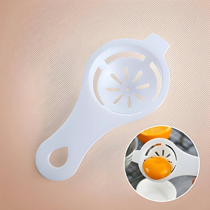 White plastic egg separator with circular strainer and handle