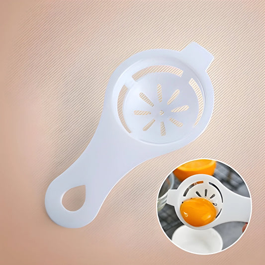 White plastic egg separator with circular strainer and handle