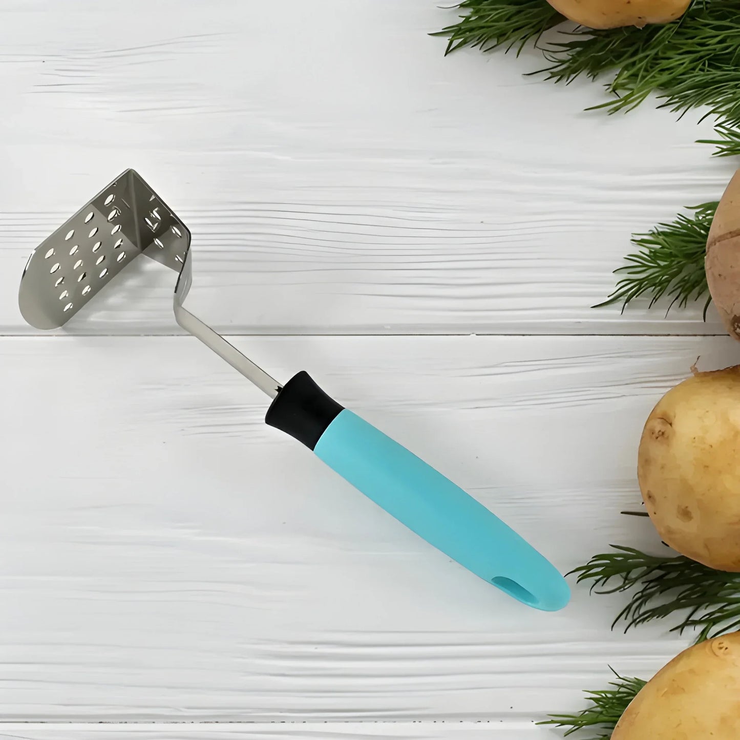 L-handle potato masher with teal handle and black grip, perforated mashing head