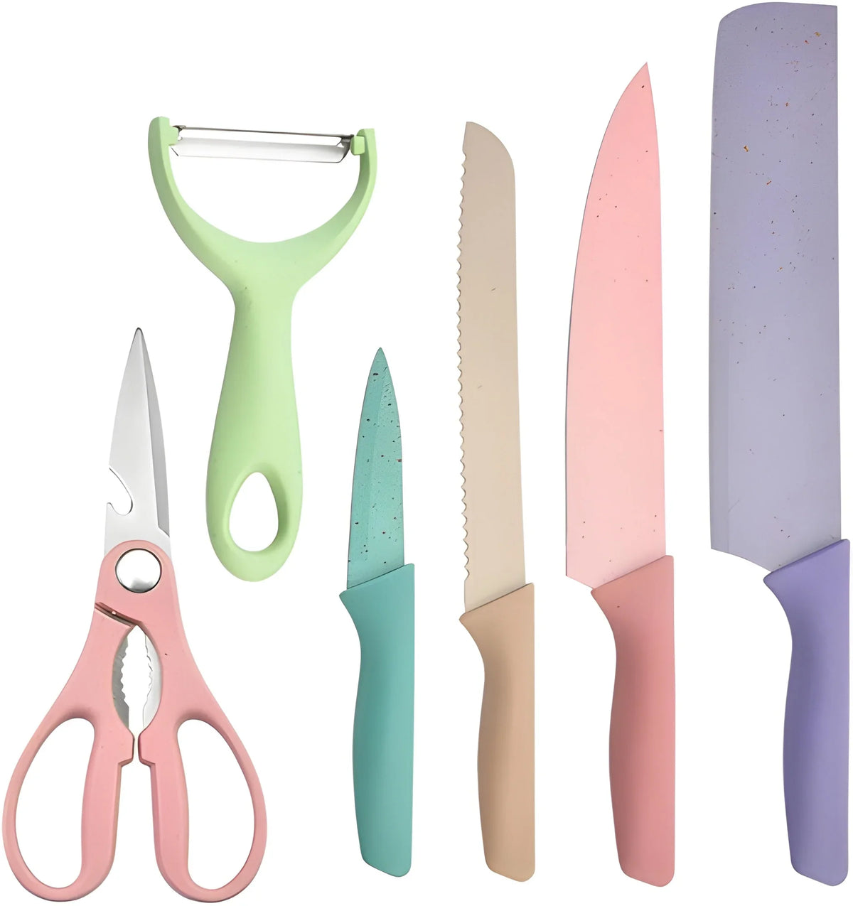 Colorful kitchen knives set with pastel blades and handles, including serrated knife