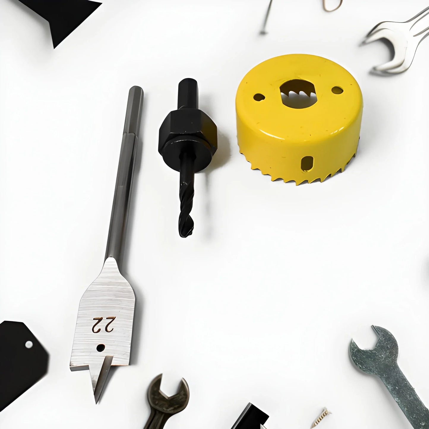 Door lock install kit: hole saw, drill bit, chisel bit, wrench