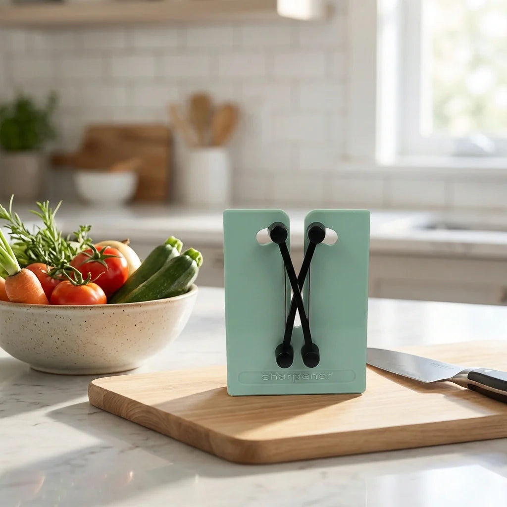 Mint green countertop knife sharpener with two X-shaped guide slots