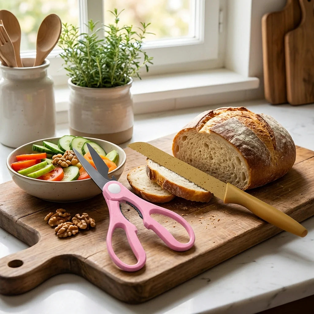 Stainless knife set with two pink-handled scissors and gold slicing knife