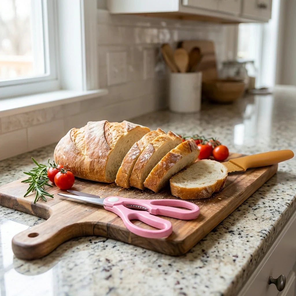 Stainless knife set with pink cutting scissors and long bread-slicing knife