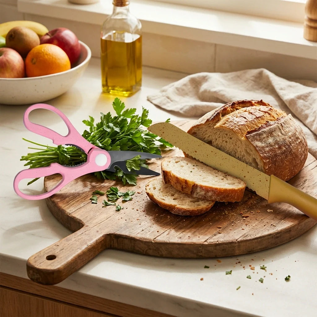 Stainless knife set with pink herb scissors and gold-blade bread knife