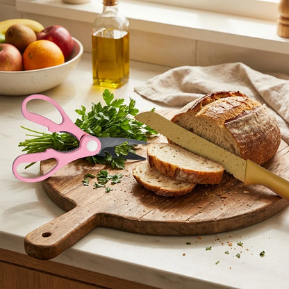 Stainless knife set with pink herb scissors and gold-blade bread knife
