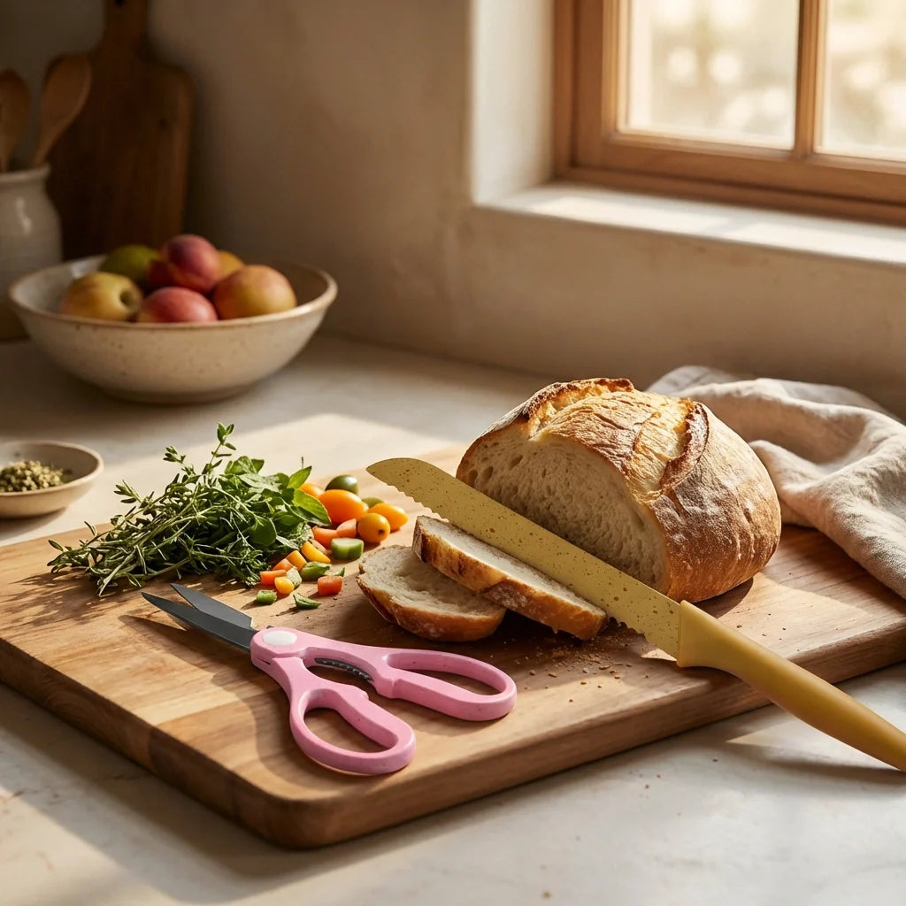 Stainless knife set with pink cutting scissors and yellow-blade bread knife
