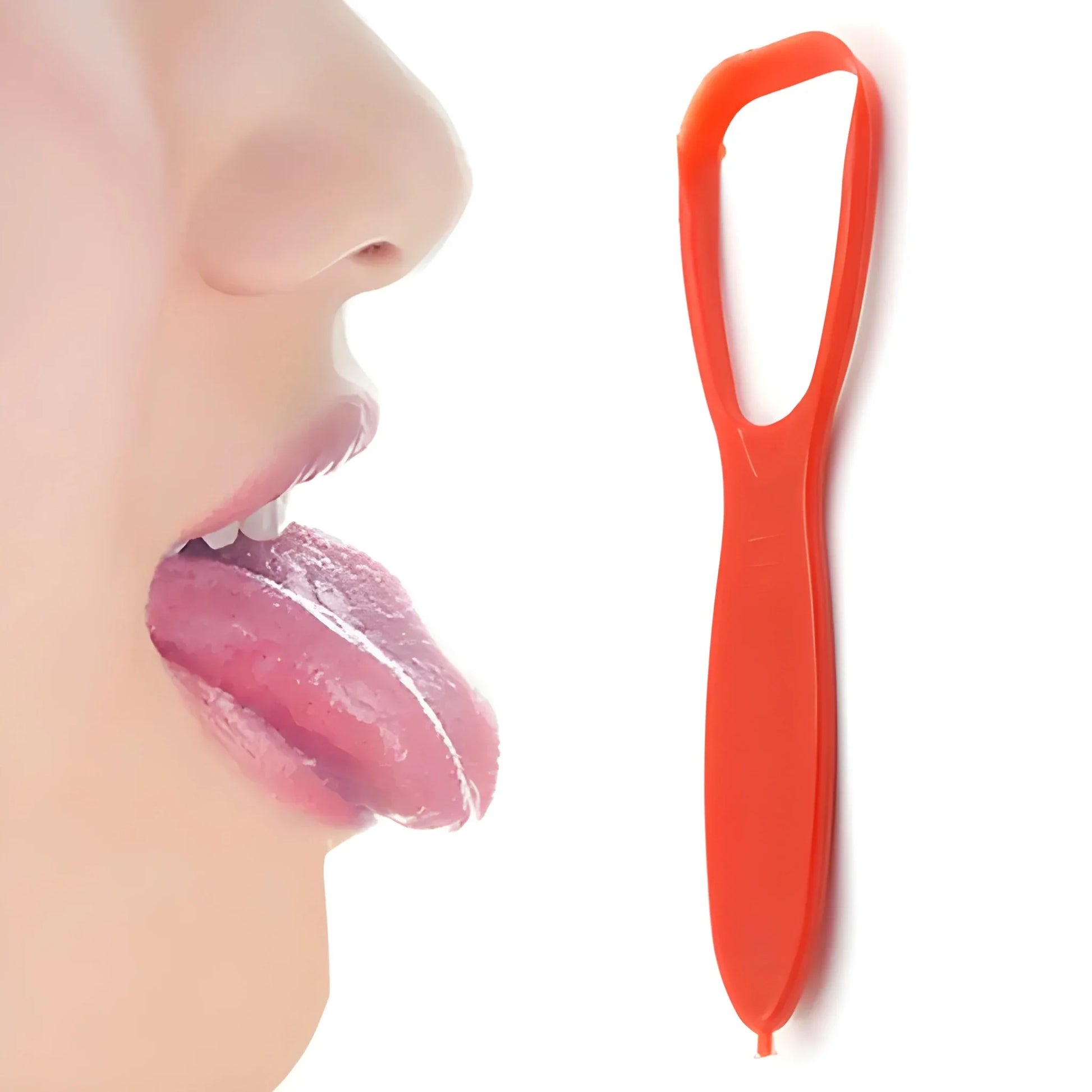 Orange plastic tongue cleaner with curved scraper end and finger grip handle