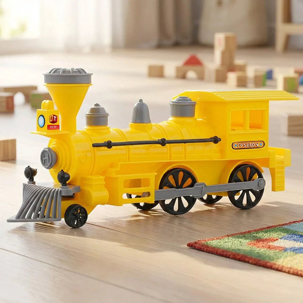 Yellow plastic toy train locomotive with black wheels and front brush