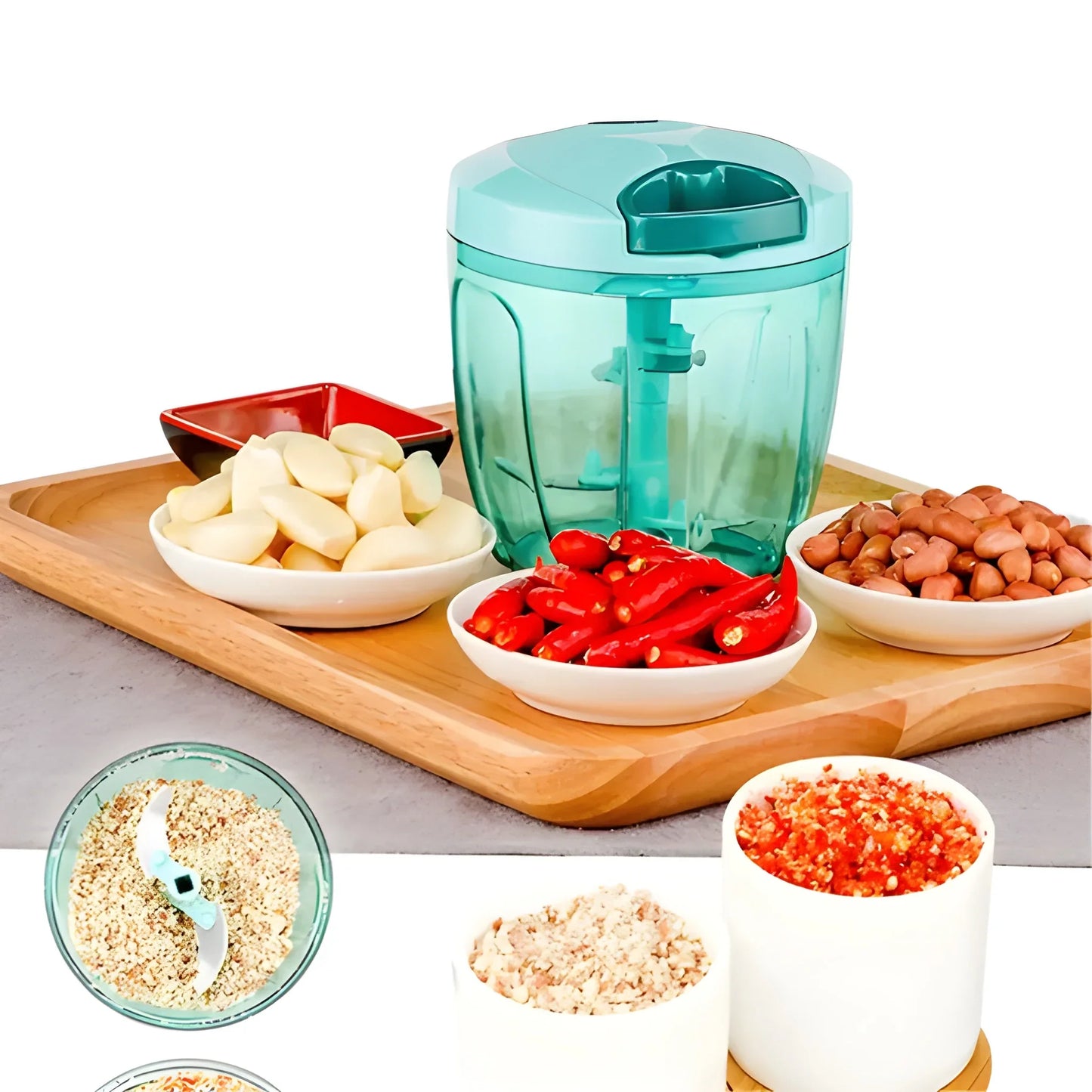 Pull-string vegetable chopper with clear container and teal lid