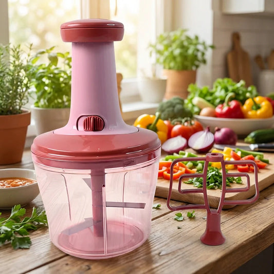 Pink push food chopper with clear bowl and lid, compact countertop design