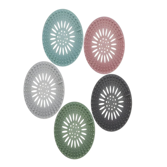 Shower drain cover set of 5, round perforated strainer covers in teal, pink, gray, green, dark gray