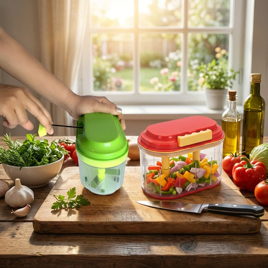Quick-pull food chopper with green lid and clear bowl for chopping vegetables