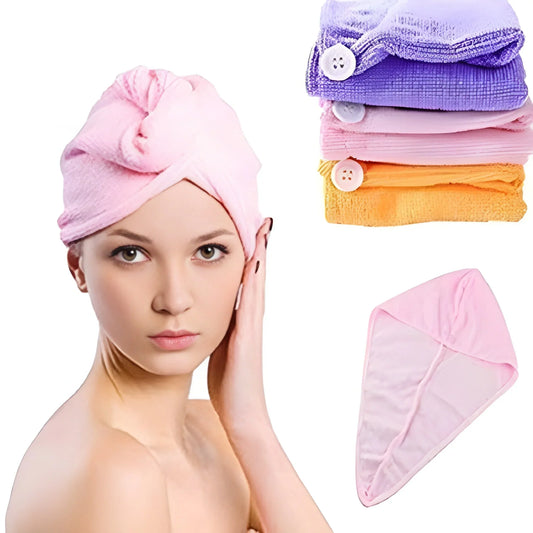Pink microfiber hair-drying turban cap with button fastening