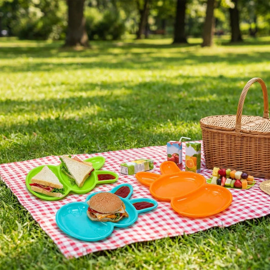 Rabbit-shaped kids 6-piece dish set with orange, green, and blue plates and utensils
