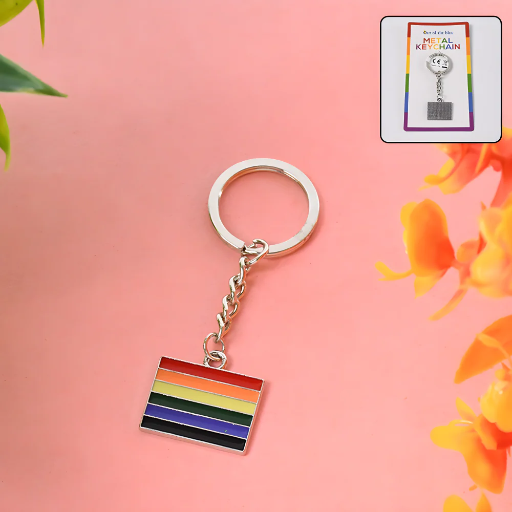 Rainbow metal keychain with striped rectangle pendant and key ring