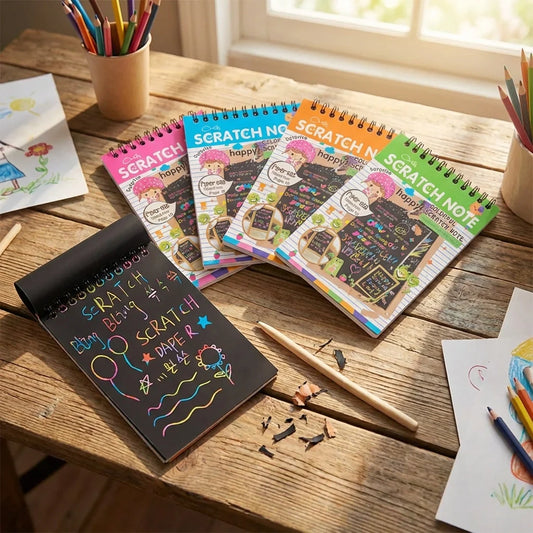 Scratch art paper book set with rainbow covers and black pages, includes wooden stylus