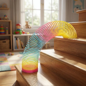 Rainbow spring toy with multicolor coiled spring, curved on tabletop