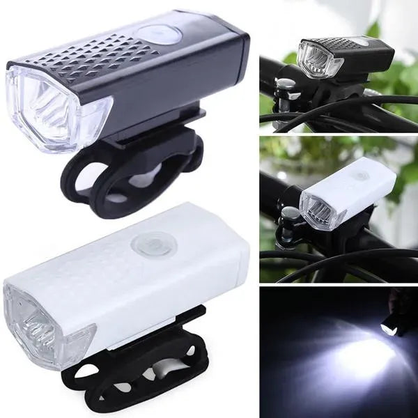 Rechargeable bicycle light with white beam modes and black mounting bracket.