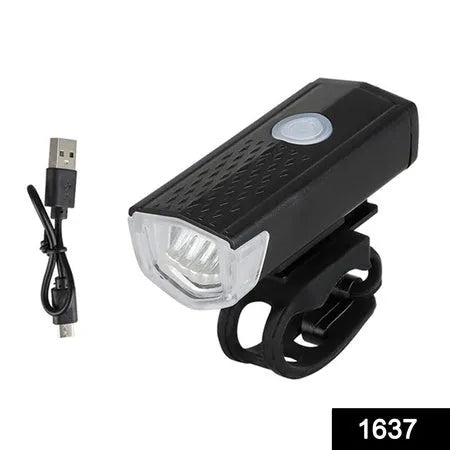 Rechargeable bicycle light with charging cable, black housing and front white lens.