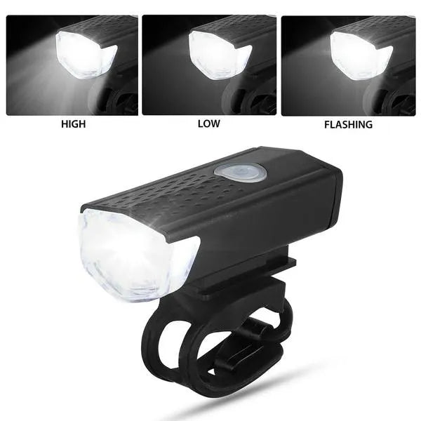 Rechargeable bicycle light showing high, low, and flashing modes with white beam.