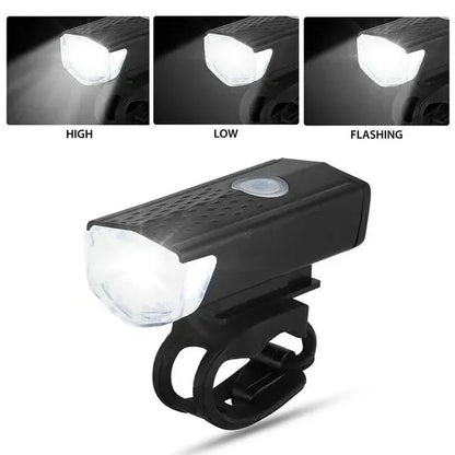 Rechargeable bike light showing front beam in high, low, and flashing modes