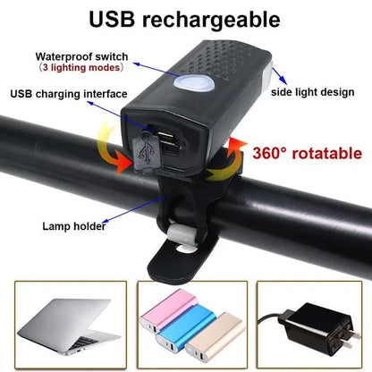 Rechargeable bicycle light with USB charging port and 360° rotatable mount diagram.