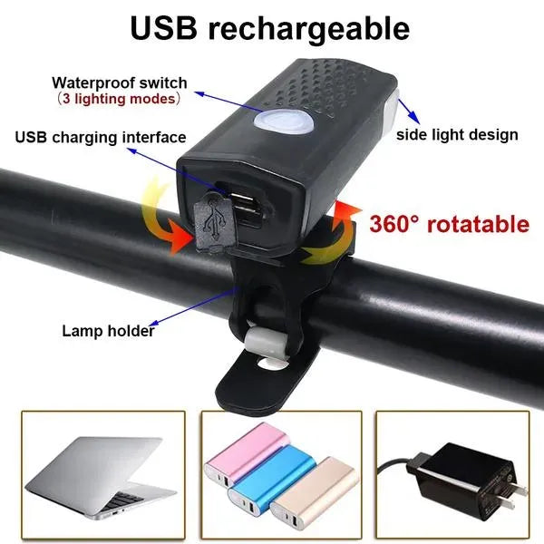 USB rechargeable bicycle light with side light and 360° rotatable mount