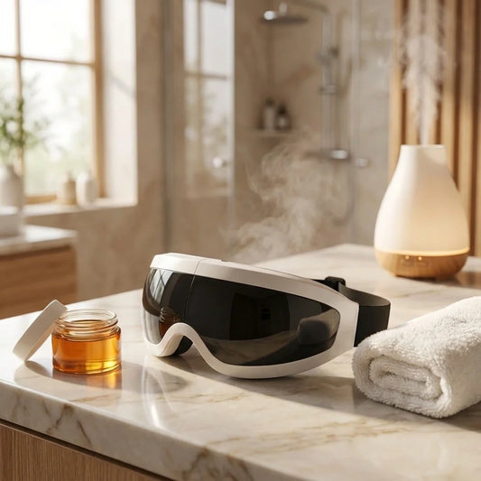 Rechargeable heat eye massager with white frame and dark face screen