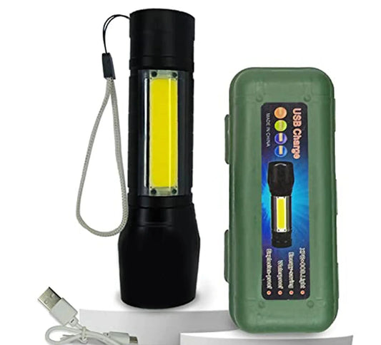 Rechargeable LED flashlight with COB light window and lanyard, plus green battery case