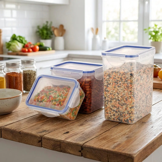Set of 3 rectangular plastic food storage containers with clear sides and blue snap lids