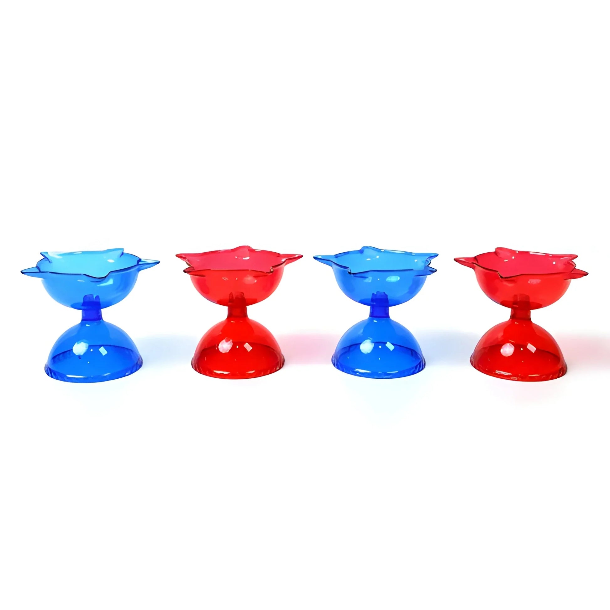 Reflection diya set of four red and blue oil lamps, flared bowls on pedestal bases