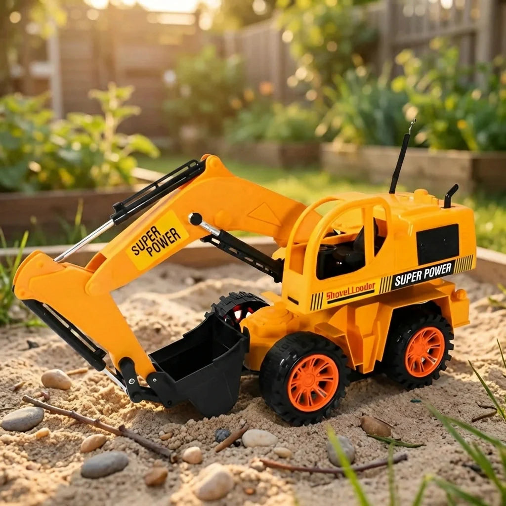 Orange remote control toy JCB backhoe loader truck with front bucket and antenna