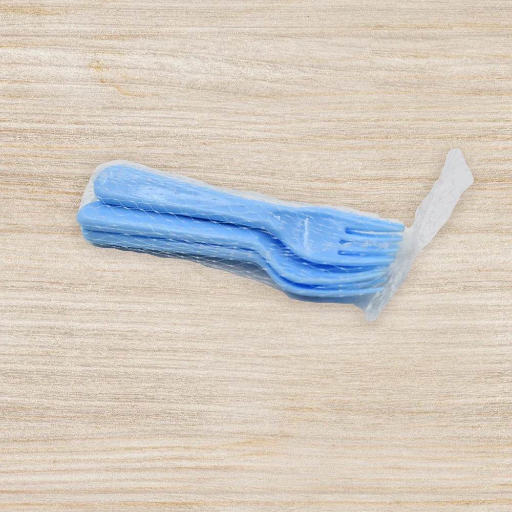 Reusable plastic forks, blue color, bundled