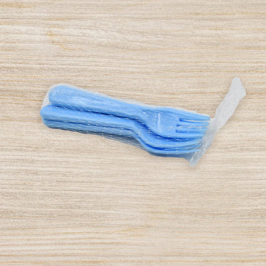 Reusable plastic forks, blue color, bundled