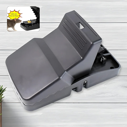 Grey reusable rat trap with hinged lid and bait compartment