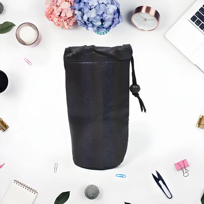 Black rope organizer pouch with drawstring closure