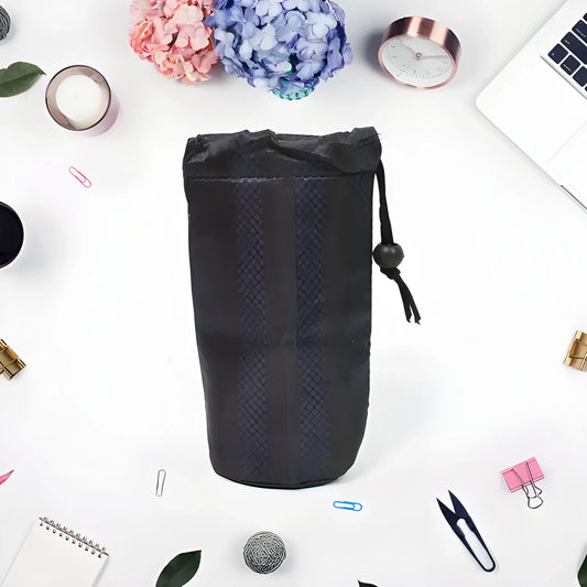 Black rope organizer pouch with drawstring closure