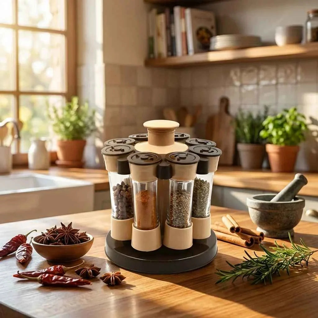 Revolving spice rack with clear spice jars, beige bases, and black lids on a wooden counter