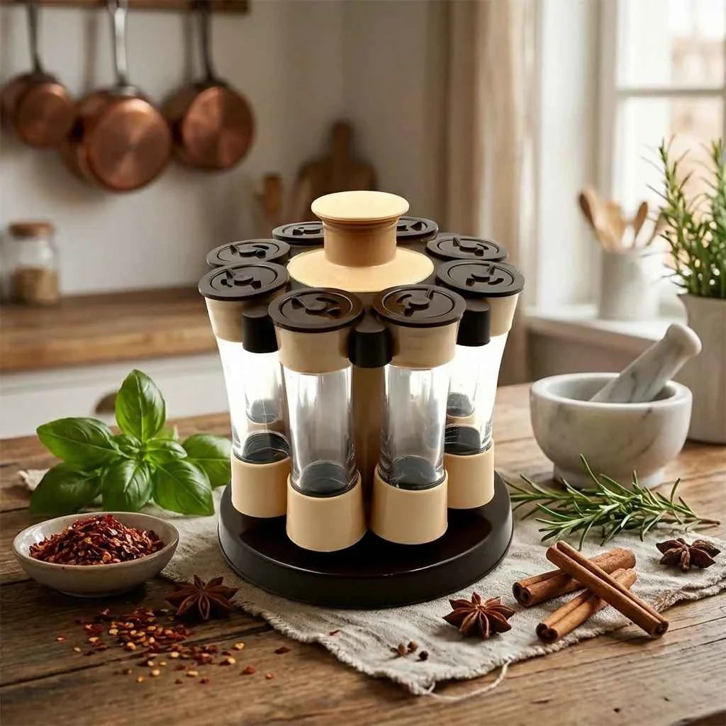 Revolving spice rack on a kitchen table with clear tubes, beige holders, and black lid caps