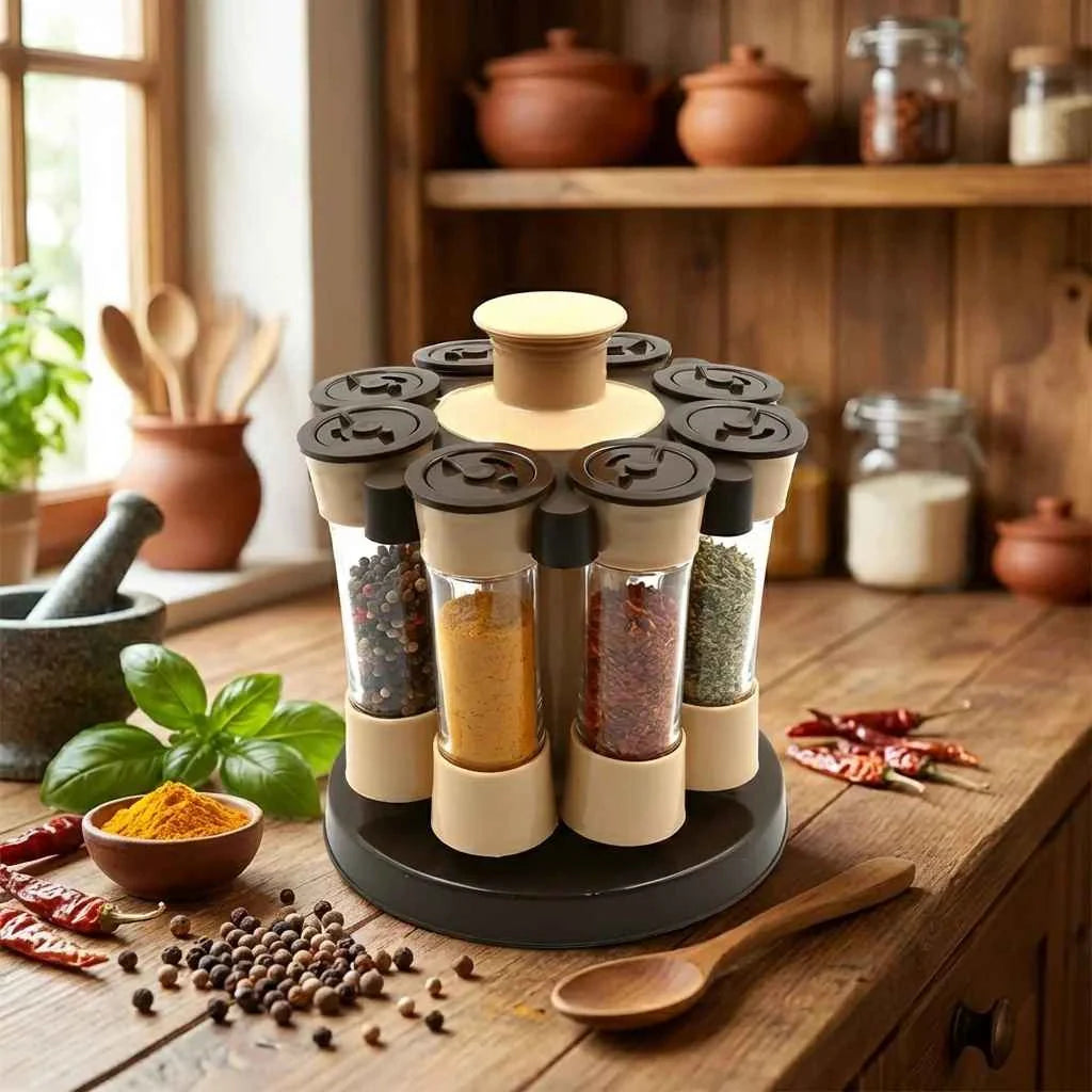 Revolving spice rack with clear tubes of spices, beige end caps, and black hinged lid tops