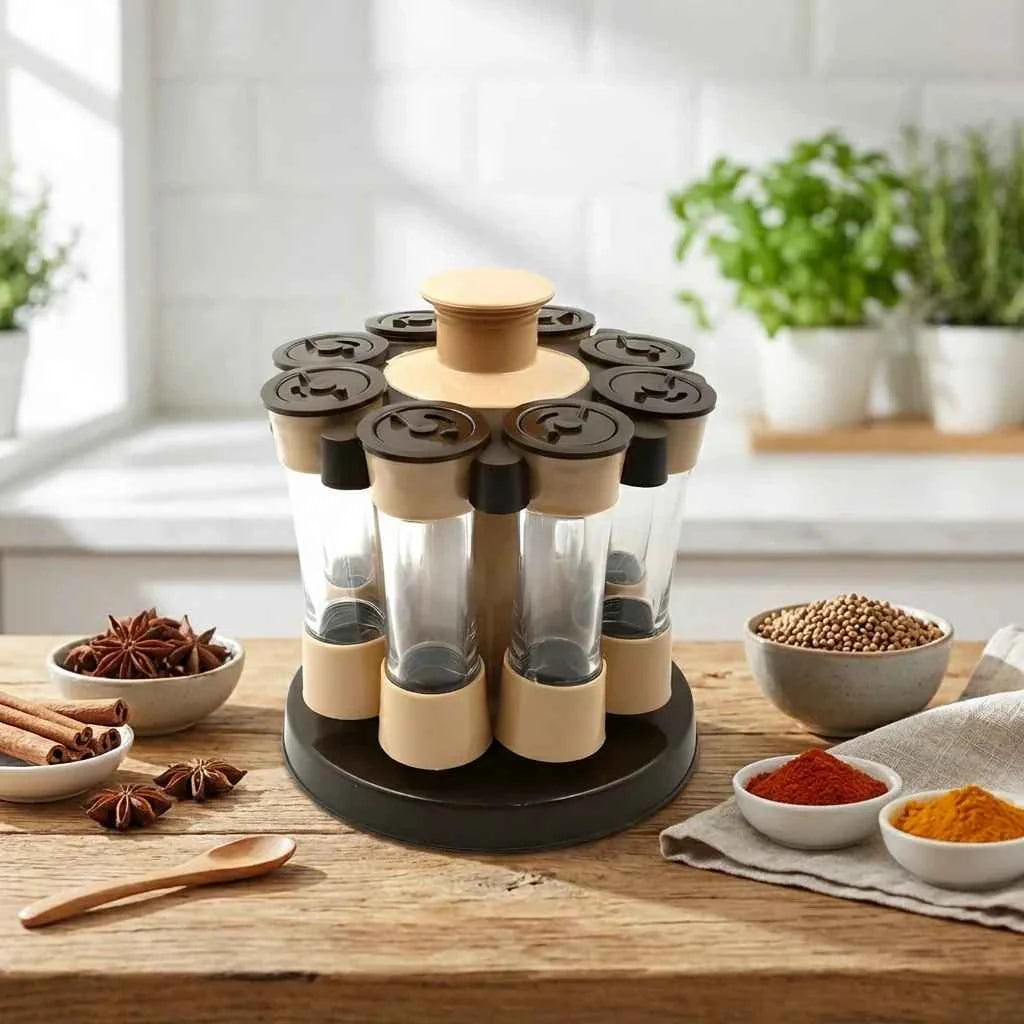 Revolving spice rack with rotating clear tubes, beige bases, and black lids filled with spices