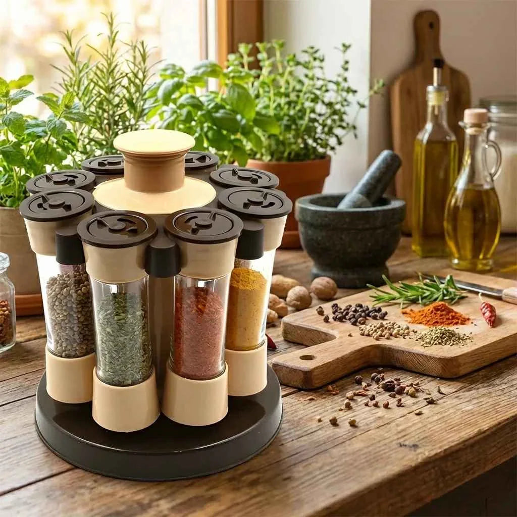 Revolving spice rack with clear glass spice containers, beige bases, and black rotating lid tops